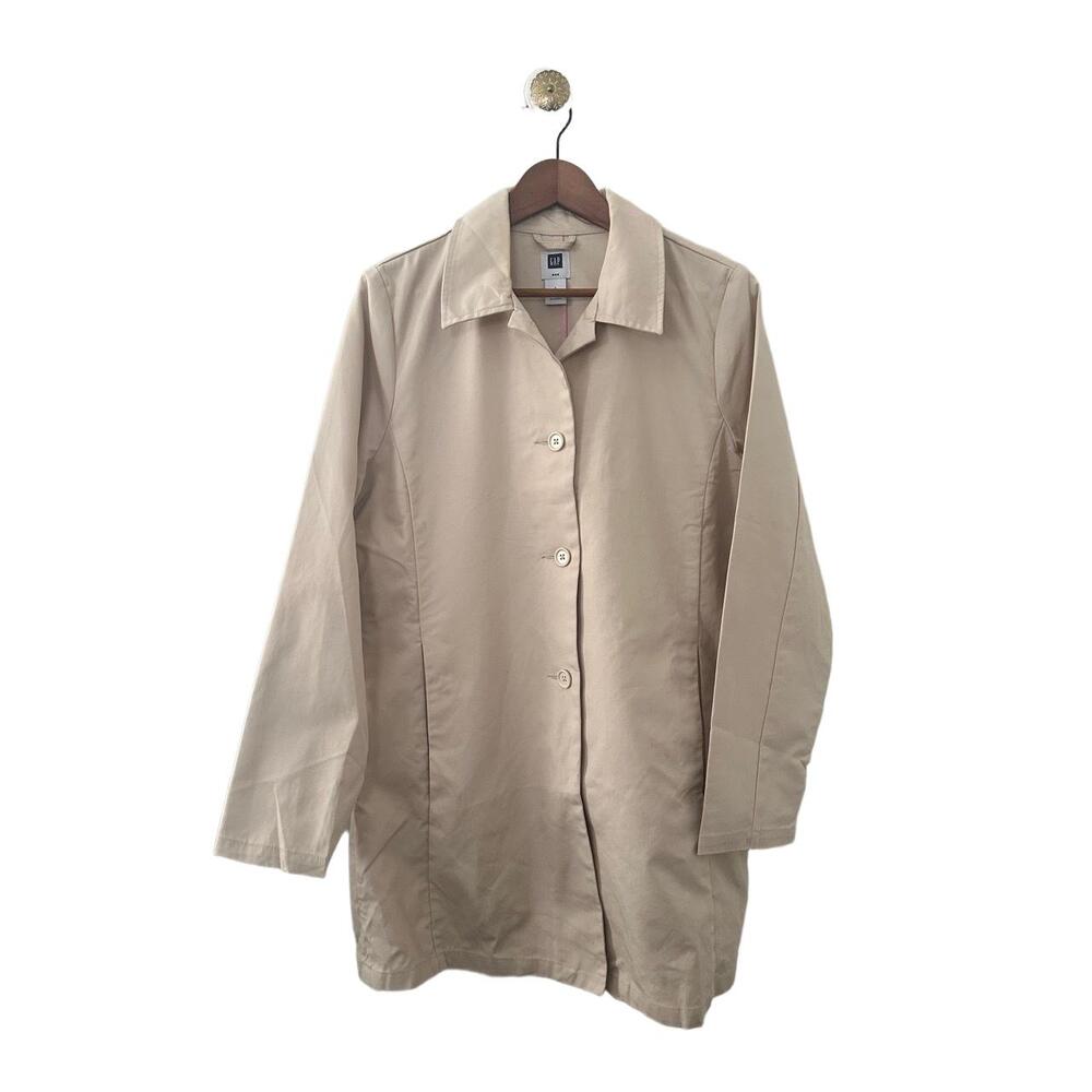 GAP Jacket Woman Size Large Beige Trench ButtonUp Long Sleeves PocketsBack Slit